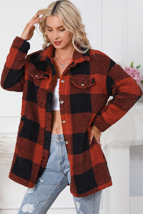 Fuzzy Plaid Flap Button Up Midi Coat